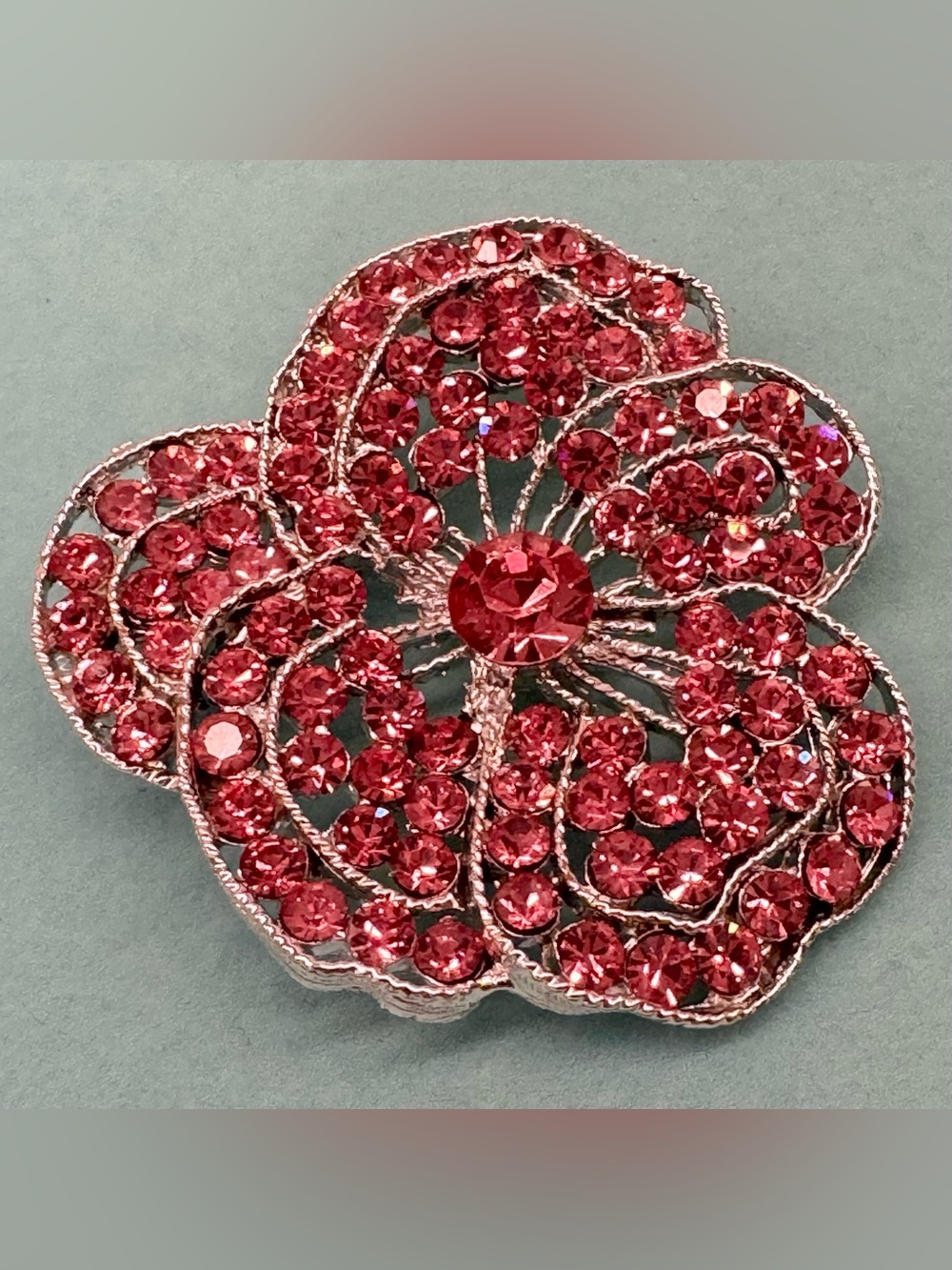 🌺 Vintage Weiss Pink Rhinestone Floral Brooch Silver Tone 2” Statement Pin 🩶 - Picture 2 of 9